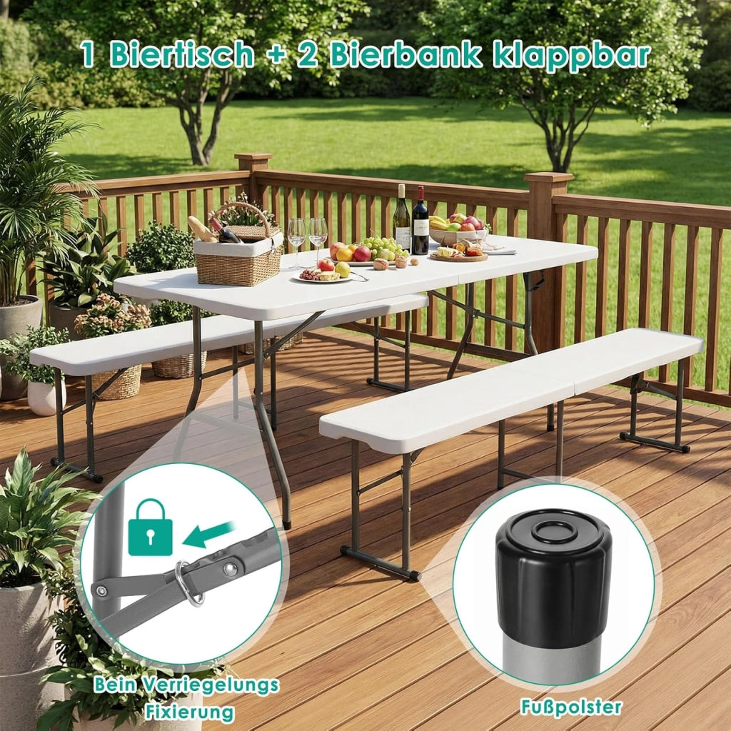 Set Tenda da Birra da 3 Pezzi 183cm, 1 Tavolo e 2 pcs Panche Pieghevoli, Set di Mobili da Giardino in Plastica HDPE, Set Birreria con Manico di Trasporto, per Campeggio Picnic Esterno, Bianco