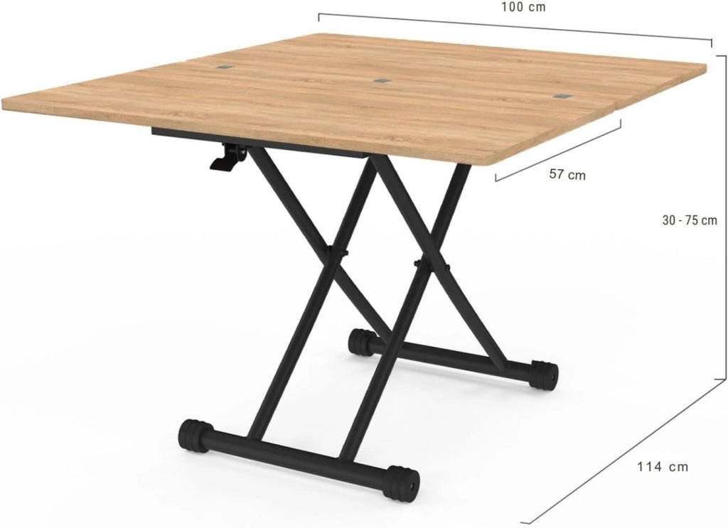 Tavolino 2 in 1 URBANA, trasformabile in tavolo da pranzo rettangolare, 100 cm, legno e nero, design industriale