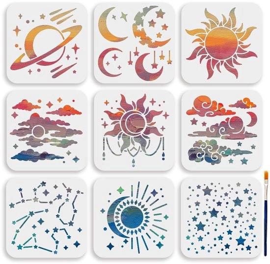 Set di stencil 9 pezzi - Stereocelere/Zoncature/Mano stellata/Stereocelere/Sfumature - Reutilizzabile - 15 × 15 cm - Per la pittura - Decorazione creativa DIY
