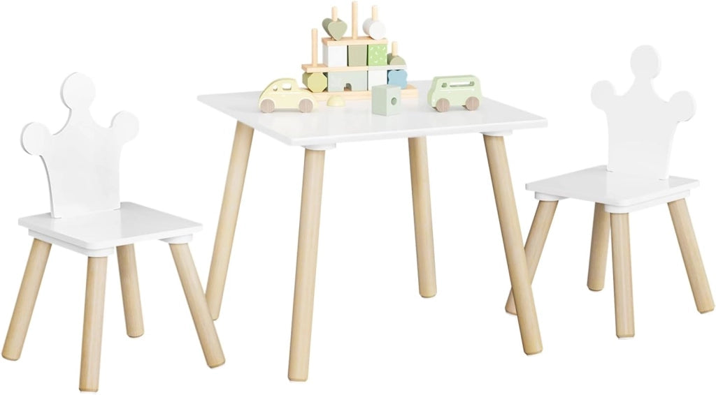 Set Tavolino Bambini e 2 Sedie con Schienale a Forma di Corona, Scrivania Cameretta per Asilo, in MDF + Legno, Bianco + Rovere Chiaro
