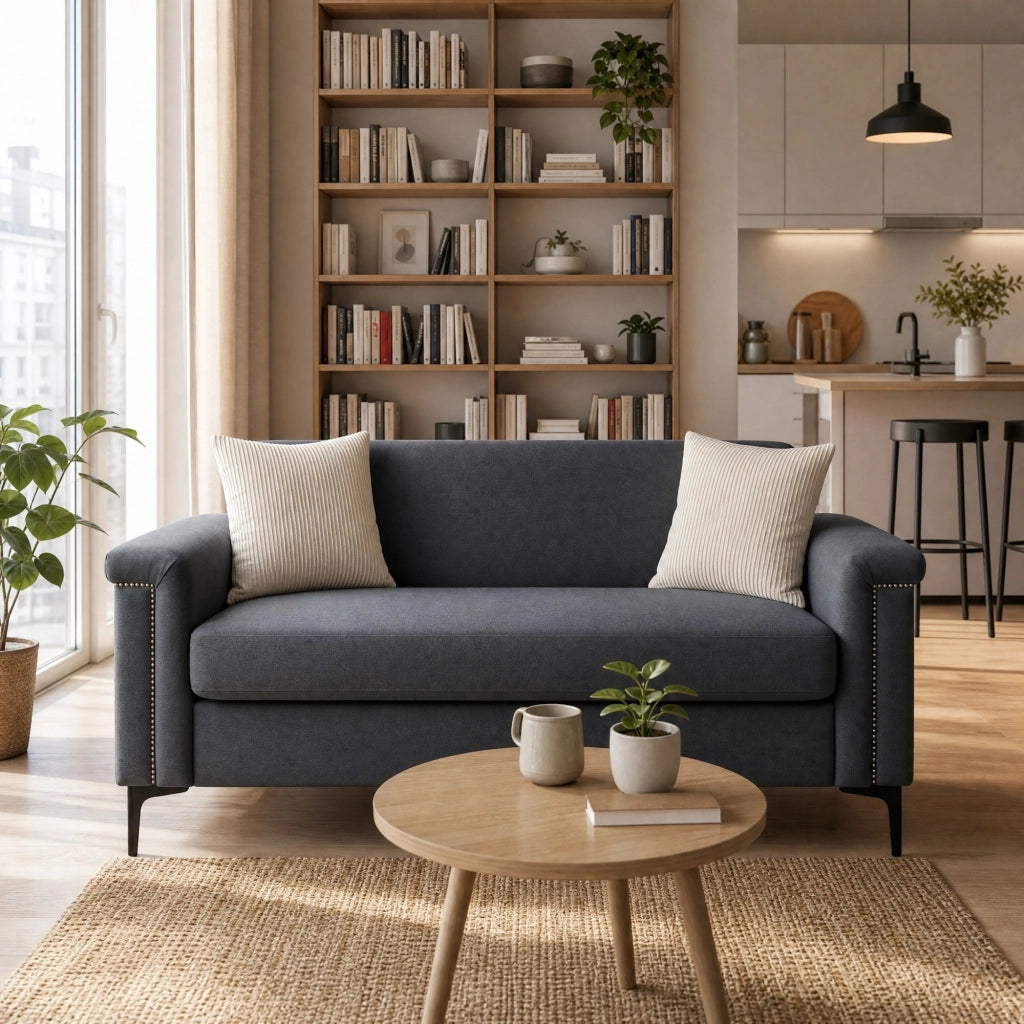 Divano dritto 2 posti con cuscini a molle insacchettate e piedini in metallo in Compensato e Legno Massiccio Grigio Scuro 172 × 72 × 82 cm