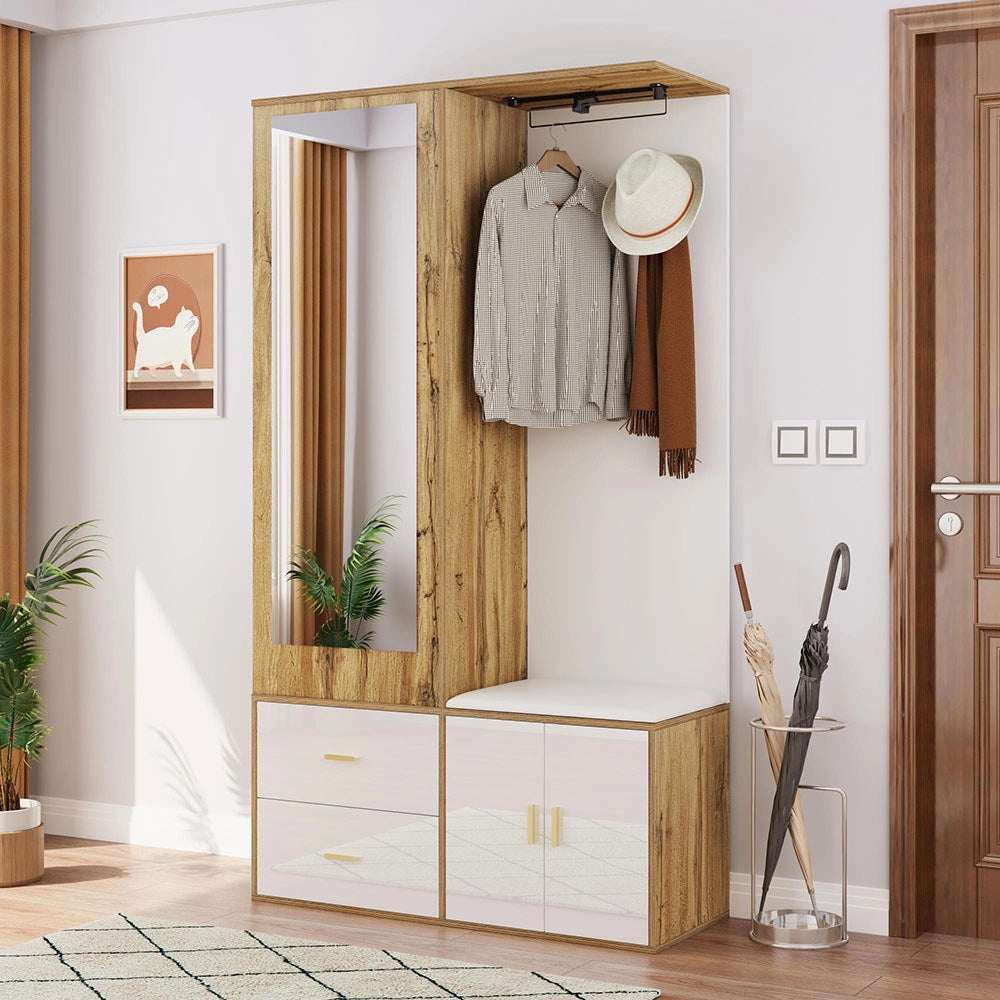 Armadio guardaroba completo - Xylo - Bianco e legno - Specchio, scarpiere, panca e appendiabiti scorrevole