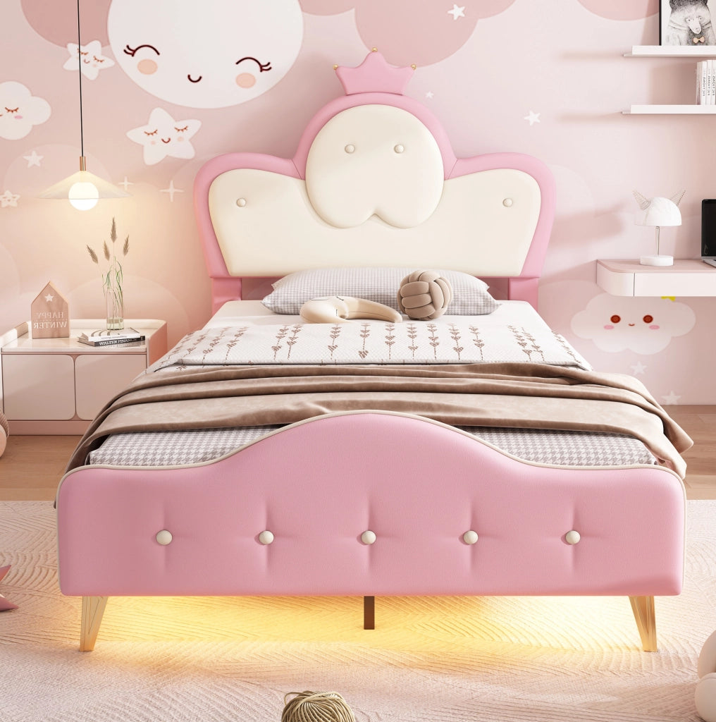 Letto imbottito per bambini con LED e testiera a corona 90x200 cm