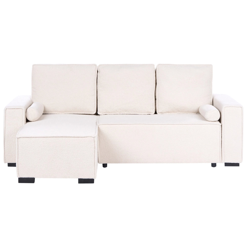Divano letto angolare a 3 posti rivestimento in bouclé verde chiaro a destra con braccioli contenitori reversibile stile moderno per soggiorno