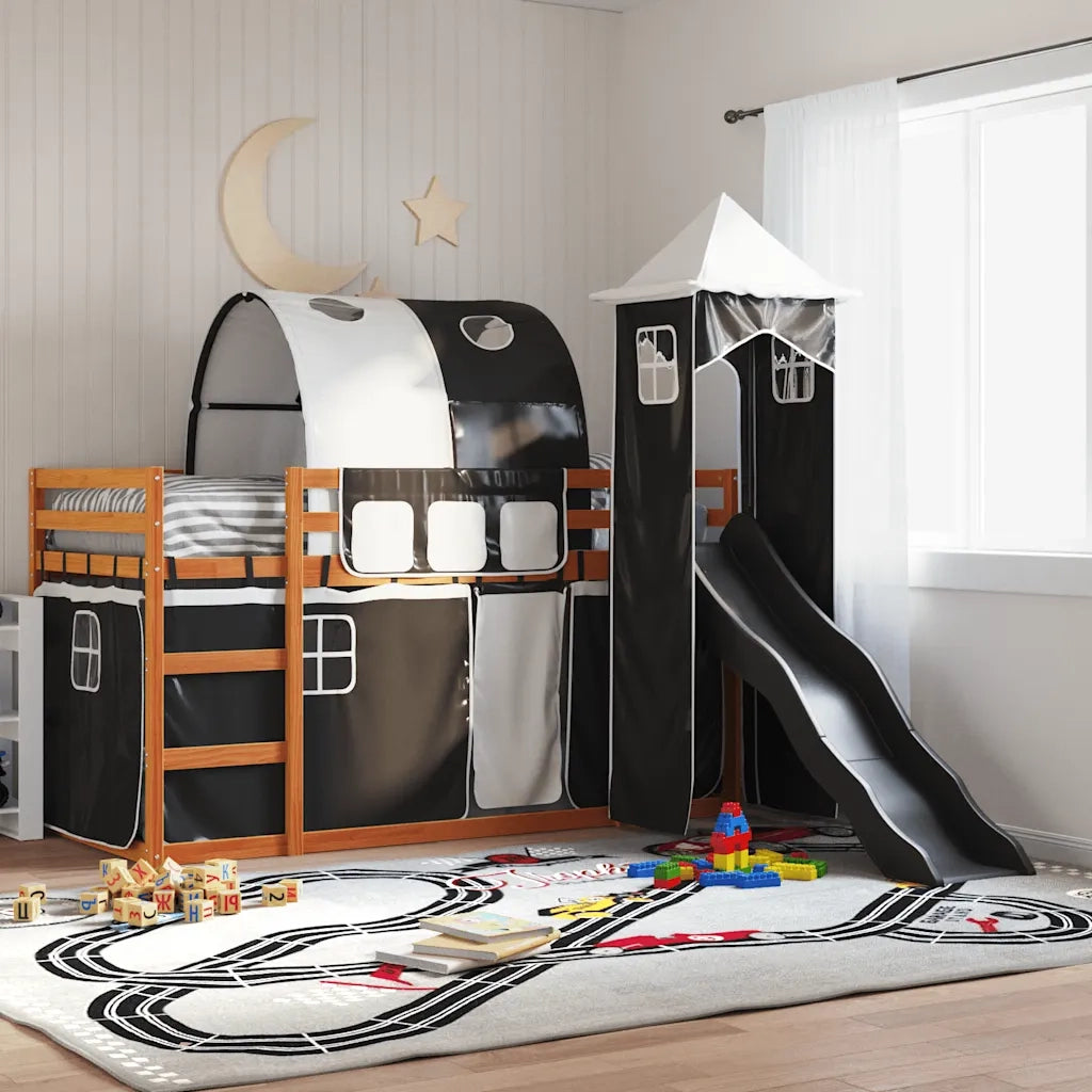 vidaXL Letto a Castello con Scivolo e Tende Bianco e Nero 90x200 cm