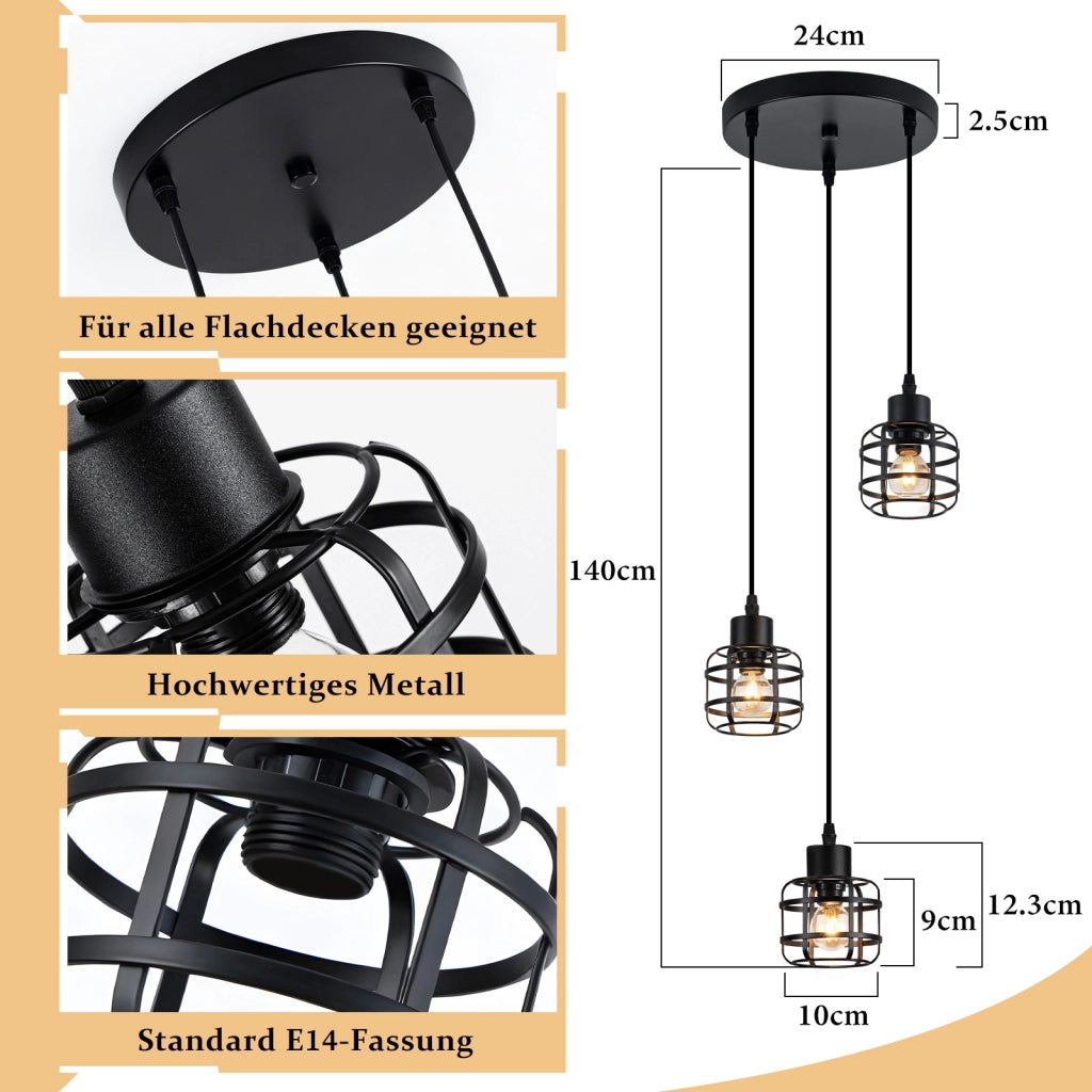 Lampada a sospensione ZMH vintage nera a 3 luci E14 per sala da pranzo cucina o bar (lampadina non inclusa)