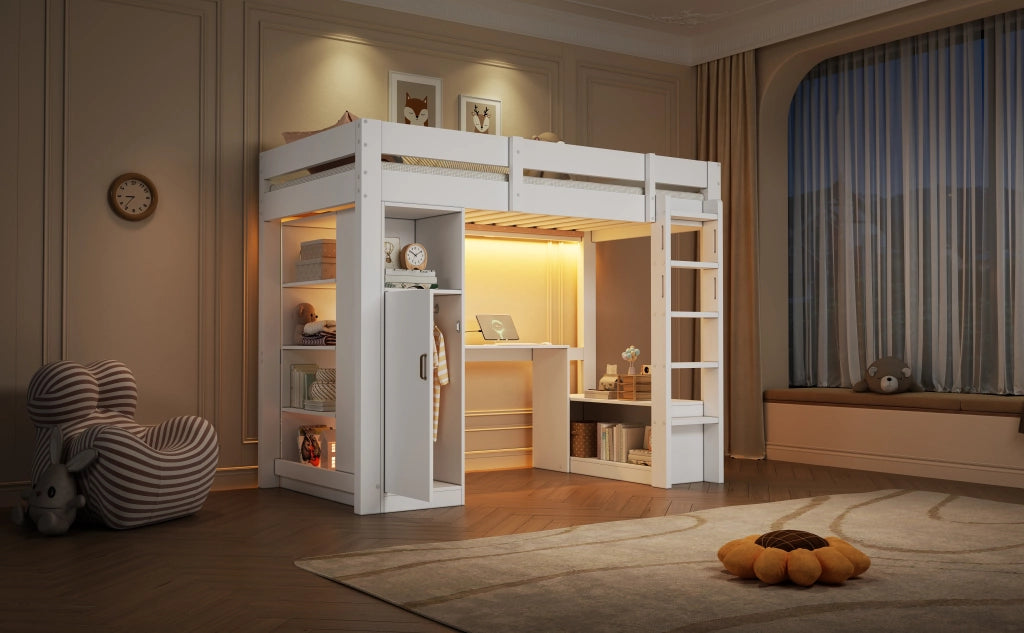 Letto a soppalco 90x200 bianco con scrivania integrata armadio e cassetti