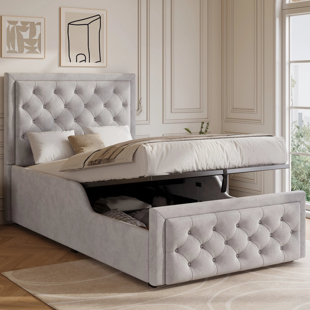 Letto per bambini 90 × 200 cm con contenitore idraulico, testiera imbottita, senza materasso, velluto grigio