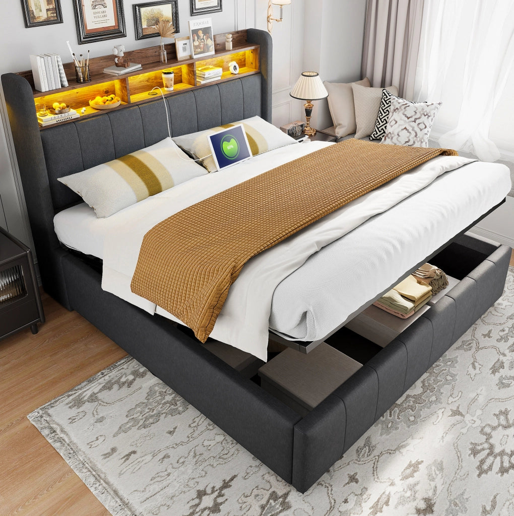Letto imbottito grigio 160 x 200 cm con LED, ricarica e vano contenitore