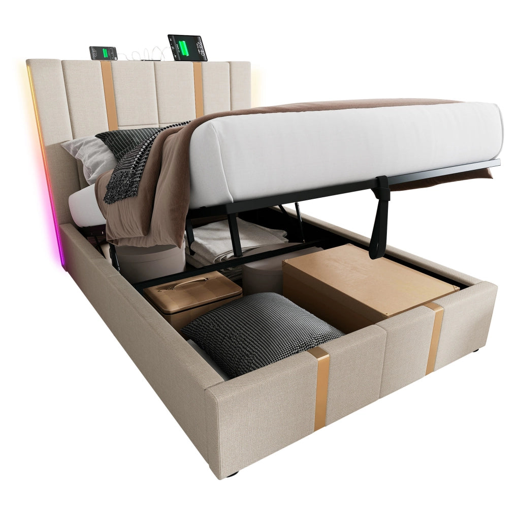 Letto imbottito 90x200 cm con LED RGB; USB e Type-C; contenitore; lino beige