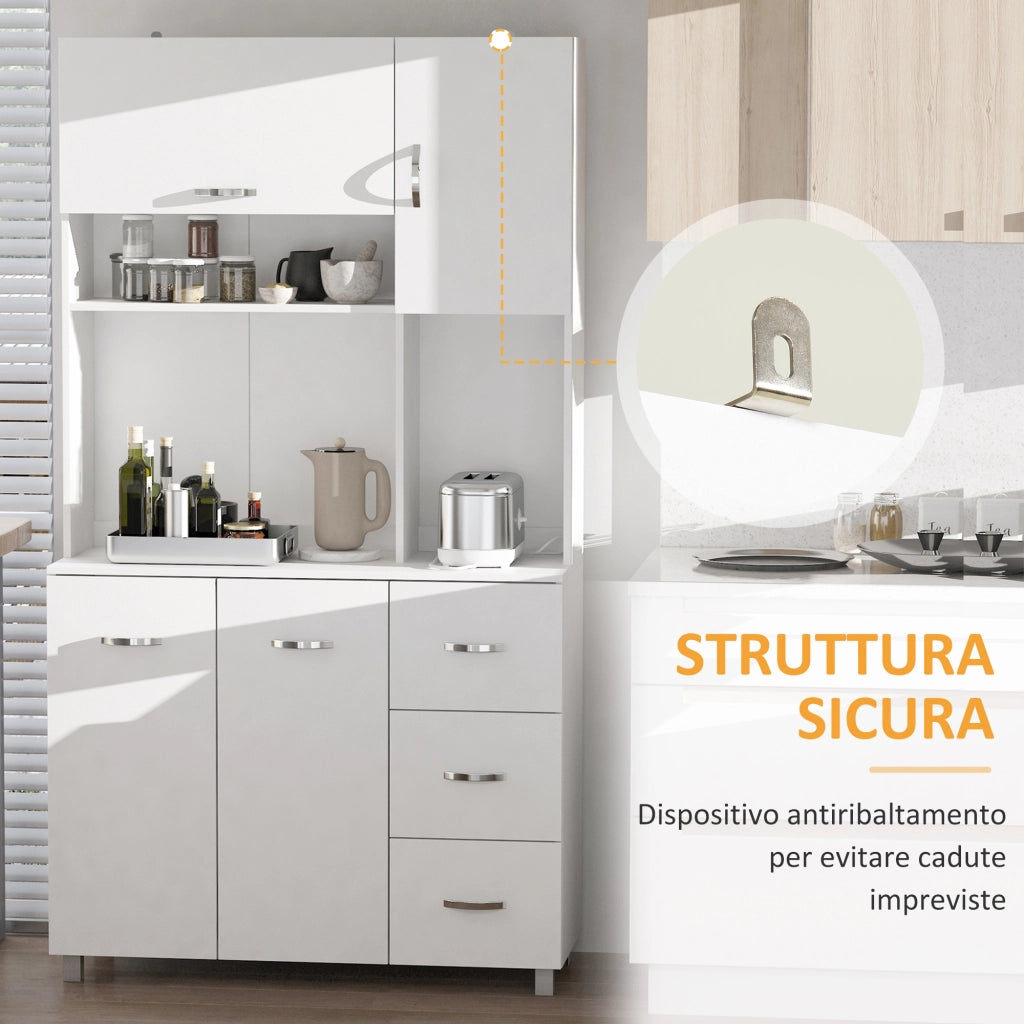 Credenza da Cucina Moderna con Cassetti, Armadietti e Ripiani Aperti, 100x39.5x183.5cm, Bianco