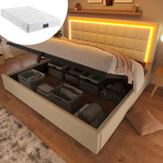 Letto matrimoniale 160x200 cm con LED; contenitore; testiera imbottita in PU bianco; con materasso