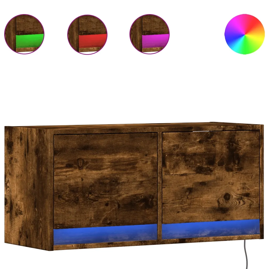 Mobile TV a Parete con Luci LED Rovere Fumo 80x31x35 cm 852359