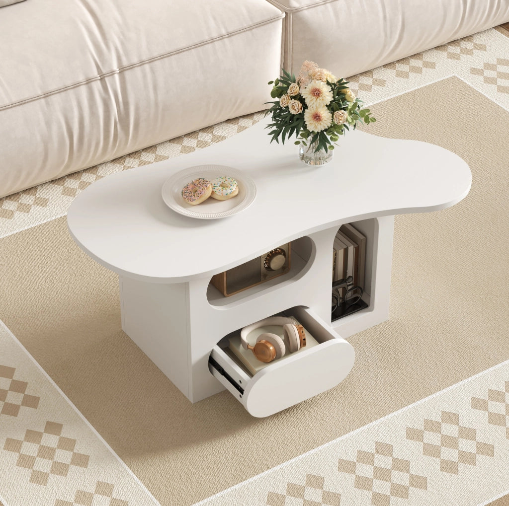 Tavolino da salotto a forma di nuvola con cassetti e vani aperti 97 x 45 x 43;5 cm bianco