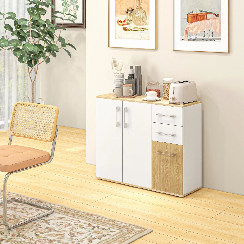 Buffet con 3 ante, 2 cassetti e ripiano regolabile ¨C zephmum ¨C bianco e legno naturale 90x30x75.5