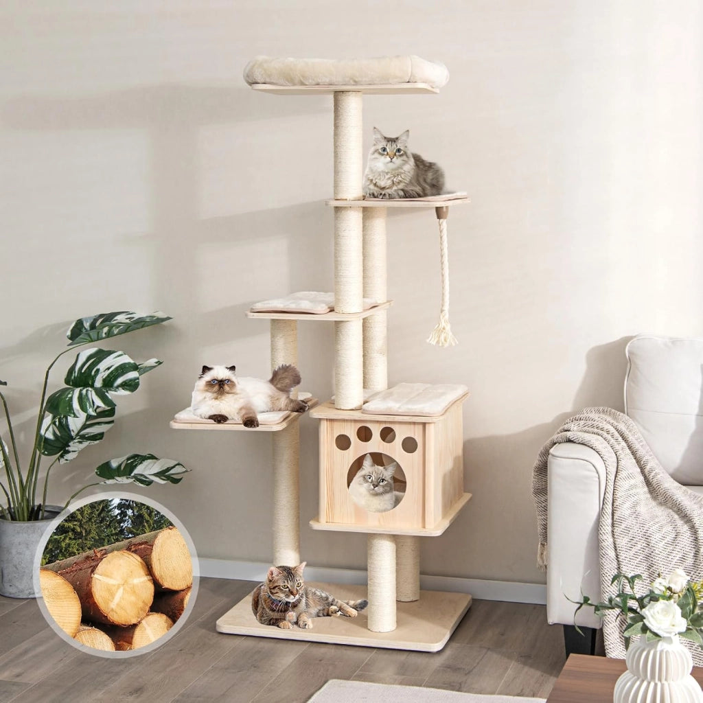 Albero Tiragraffi per Gatti Moderno 170 CM, Tiragraffi per Gatti Multistrato con Trespolo, Superiore Nicchia in Legno, Pali, Tiragraffi in Corda di Sisal e Piattaforme