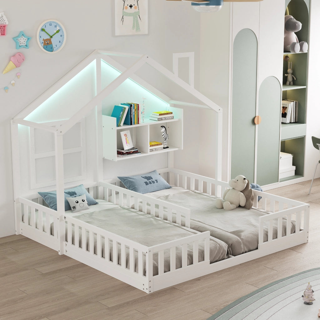 Letto per bambini a forma di casa con LED e doghe, 90x200 cm, bianco