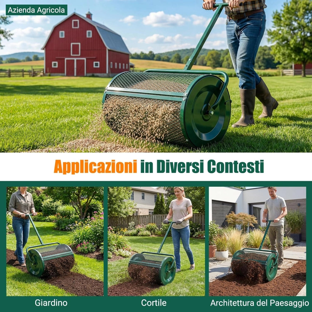 Spandiconcime a Rullo, Rullo da Giardino con Impugnatura Pratica Chiusure Laterali e Rete in Metallo per Concimazione e Semina, Spandiconcime per Prato e Giardino (40 x 61 cm Verde)