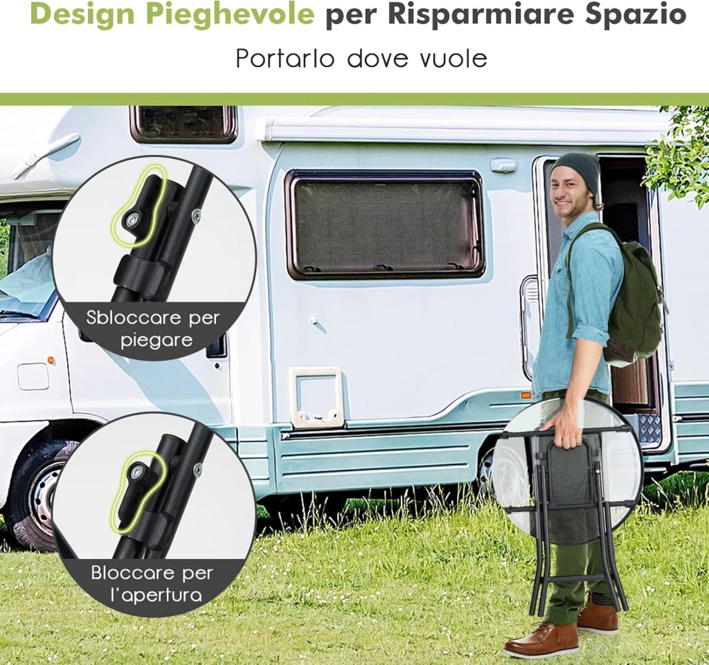 Tavolo Rotondo da Giardino, Tavolino Pieghevole e Portatile con Telaio Antiruggine con Superficie in Vetro, Tavolo da Esterno per Cortile, Giardino e Balcone, 46 x 47,5 cm