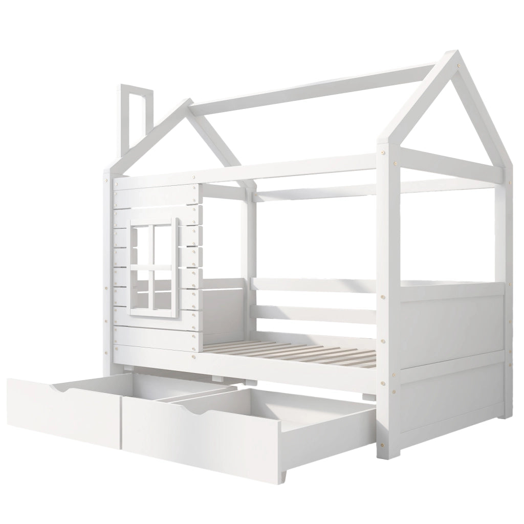Letto per bambini in legno massello di pino bianco 80x160 cm con sponde, finestre decorative, reti a doghe e 2 cassetti contenitore
