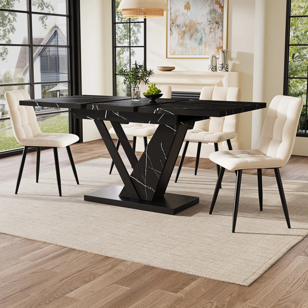 Tavolo da pranzo allungabile in MDF effetto marmo nero, con struttura in metallo, per cucina e soggiorno, 120 × 75 × 75,5 cm