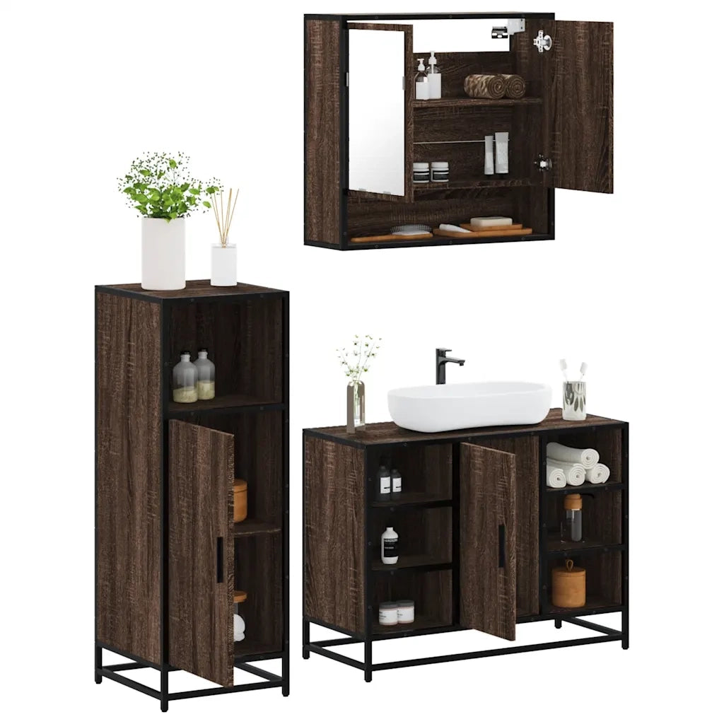 Set Mobili da Bagno 3 pz Rovere Marrone in Legno Multistrato