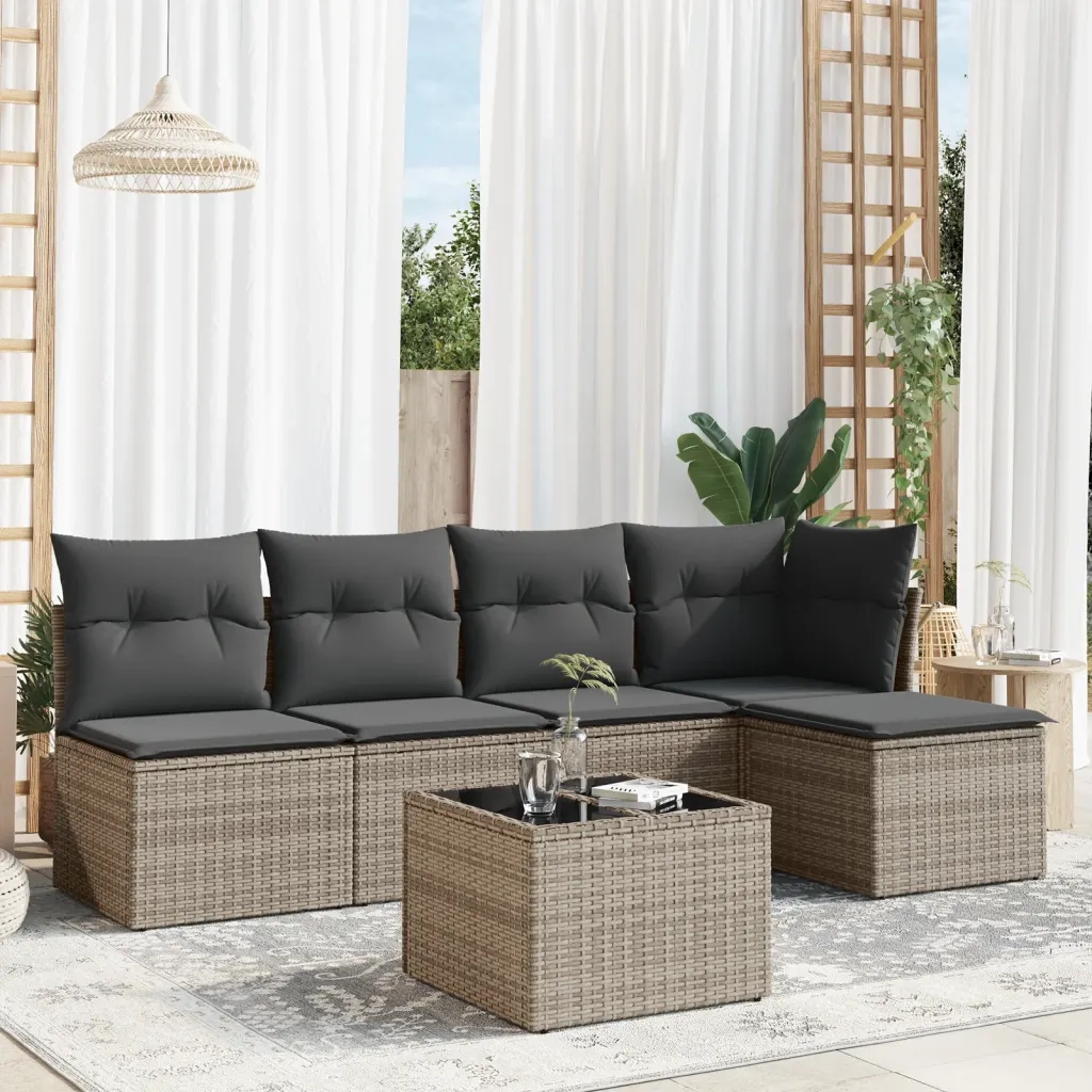 Set Divano da Giardino 6 pz | Set Salotto da Giardino con Cuscini Grigio in Polyrattan