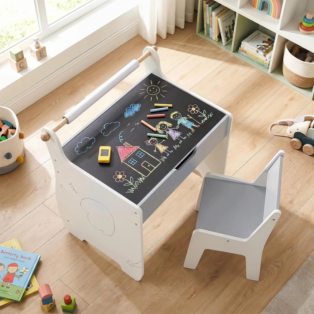 Set Tavolo e Sedia per Bambini 2 in 1, Set con Scrivania e Sedia in Legno per Bambini con Piano Rimovibile, Spazio di Archiviazione e Porta Rotolo di Carta per Aula e Cameretta (Grigio+Bianco)