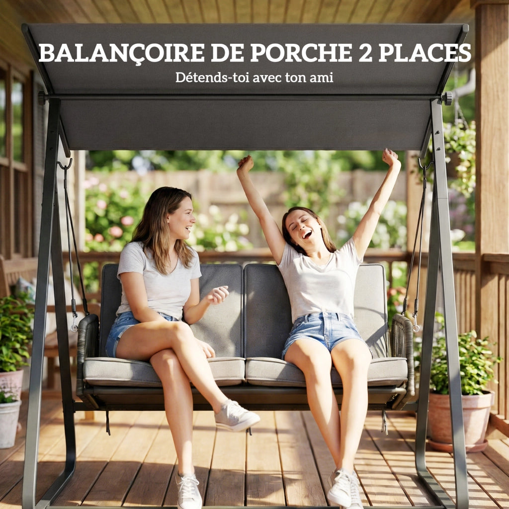 Balancelle da giardino 2 posti ¨C Zephmum ¨C Resina intrecciata grigia con cuscino e tetto regolabile