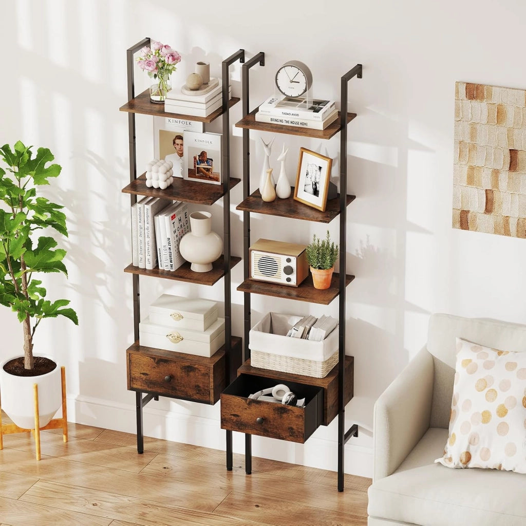 Libreria a Scala a 5 Ripiani con Cassetto in Tessuto, Scaffale da Parete Salvaspazio in Legno, Scaffale Portaoggetti per Soggiorno, Studio e Camera da Letto, 43 x 30 x 178 cm, Marrone