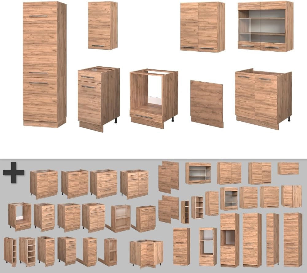 Cucina componibile Fame-Line, Quercia dorata, 300 cm senza piano di lavoro, adatto per l'espansione modulare individuale e la disposizione flessibile