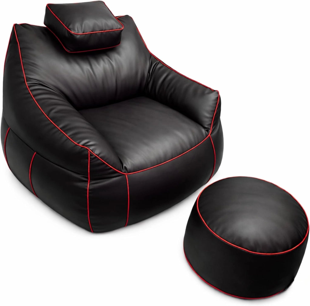 Set Pouf Poltrona Gaming XXL + Pouf rotondo - Comfort per relax e gaming - Poggiatesta regolabile, 2 tasche - Per divano, soggiorno e postazione gaming (110×100×90 cm, Rosso)