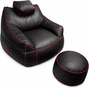 Set Pouf Poltrona Gaming XXL + Pouf rotondo - Comfort per relax e gaming - Poggiatesta regolabile, 2 tasche - Per divano, soggiorno e postazione gaming (110×100×90 cm, Rosso)