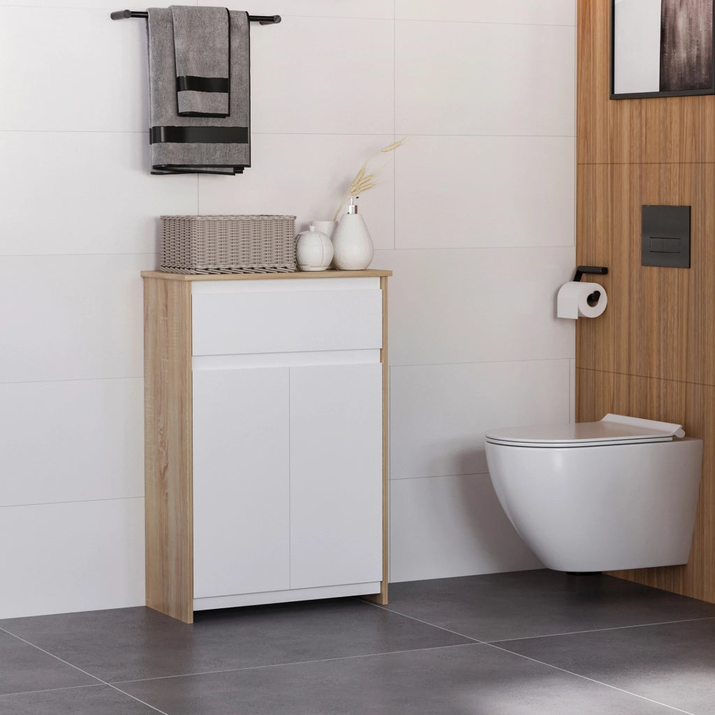 Mobile da bagno con armadietto e cassetto ¨C zephmum ¨C legno e bianco 60x30x90 cm