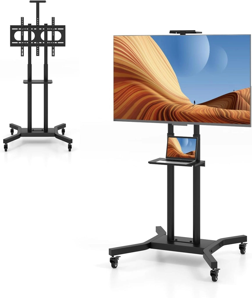 Supporto TV da Pavimento per LCD LED da 32-70 Pollici, Porta TV Regolabile in Altezza a 7 Livelli, Carico 50 KG, VESA Max 600 X 400 MM, con Presa Integrata, Ripiano per TV Piatto/Curvato