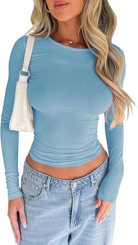 T-shirt da donna - Stoffa morbido - Lunghe maniche - Cintura stretta - Maglietta base - Ideale per primavera/autunno/inverno - Pieno di vita - Maglietta da donna