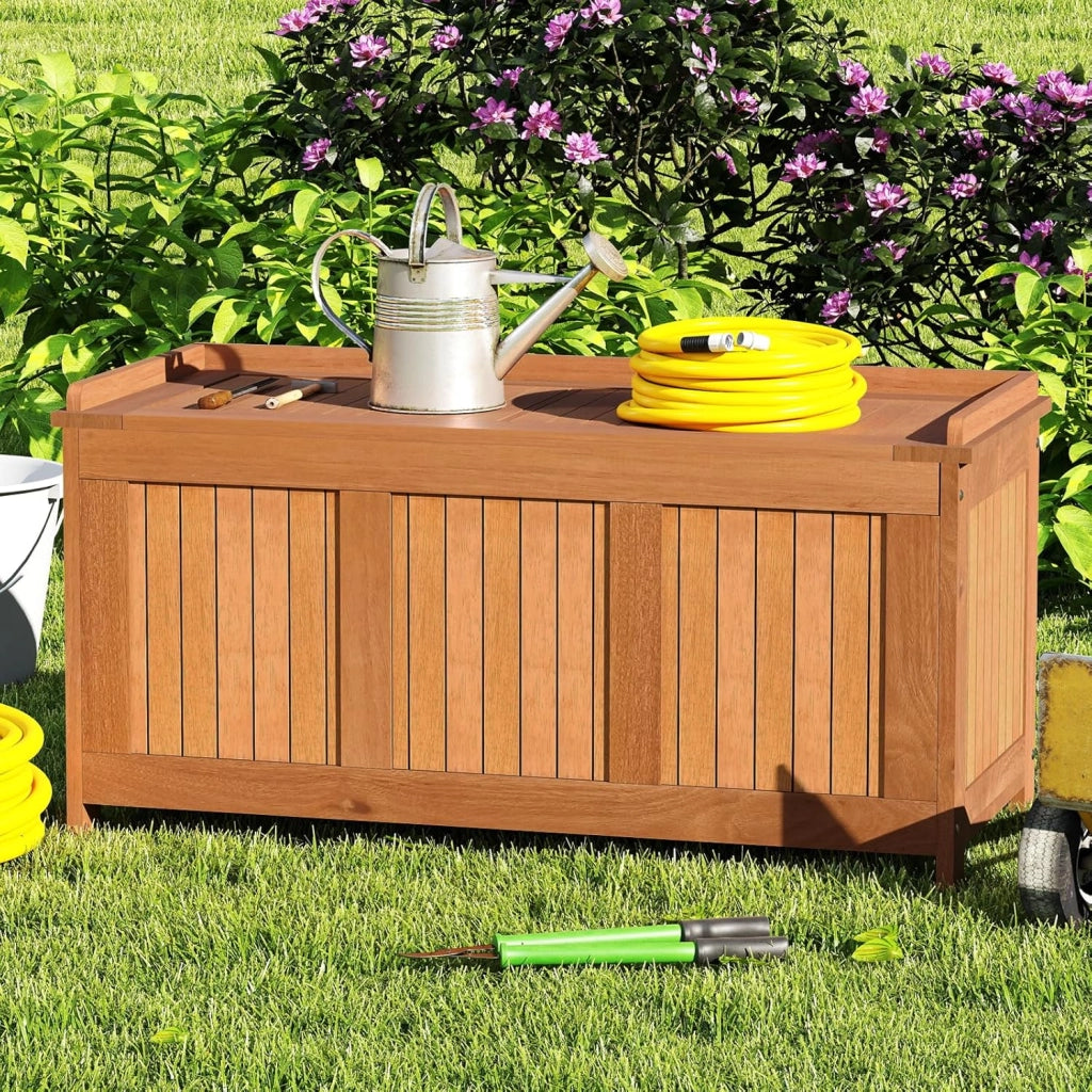 Baule da Giardino 220L, 3 in 1 Cassapanca Contenitore in Legno Massello con Coperchio Ribaltabile e Bordi Rialzati, Panca Portaoggetti per Interni e Esterni, 113,5 x 52 x 58,5 cm