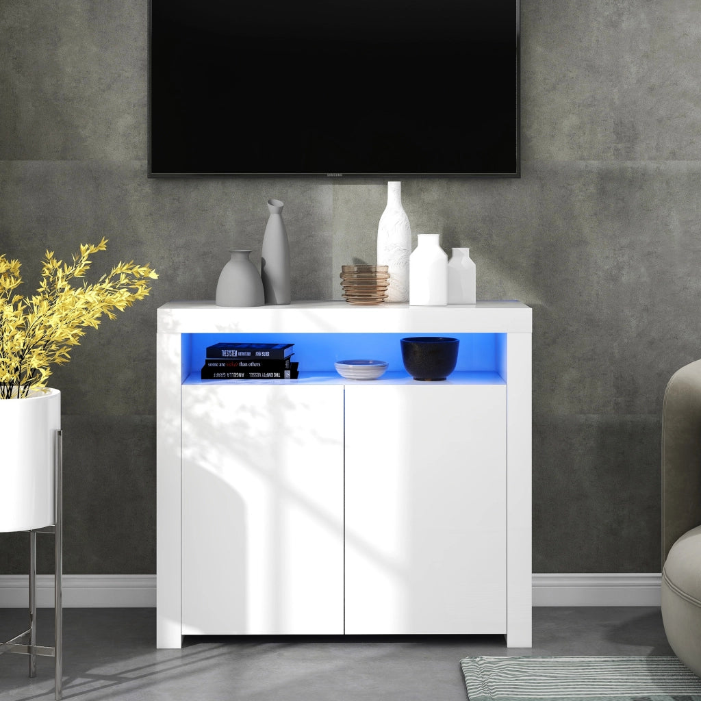 Credenza con 2 ante; vano aperto; LED e USB - per soggiorno - 108x40x92 cm - bianco