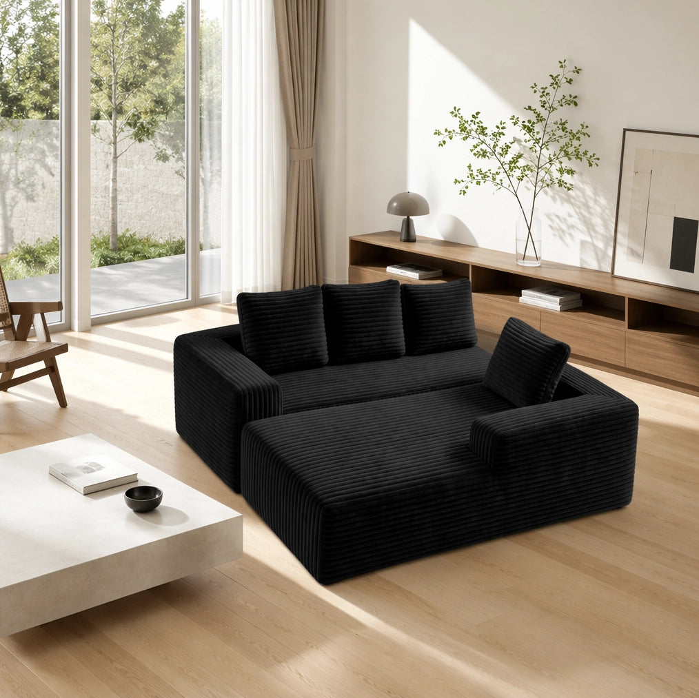 Divano modulare angolare con chaise longue reversibile; velluto a coste nero