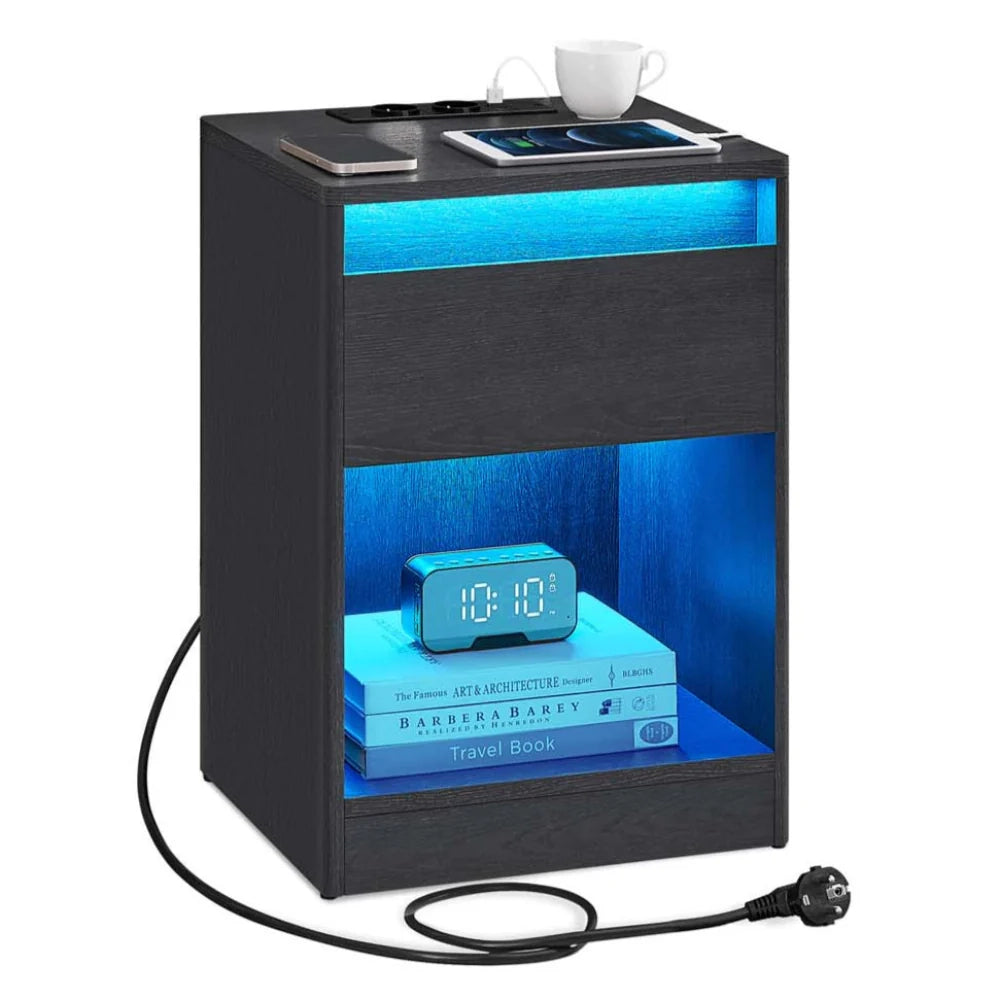 Comodino con multipresa tavolino laterale con luci LED regolabili comodino con cassetto 2 prese elettriche 2 porte USB moderno per camera da letto/soggiorno nero 12_0007661