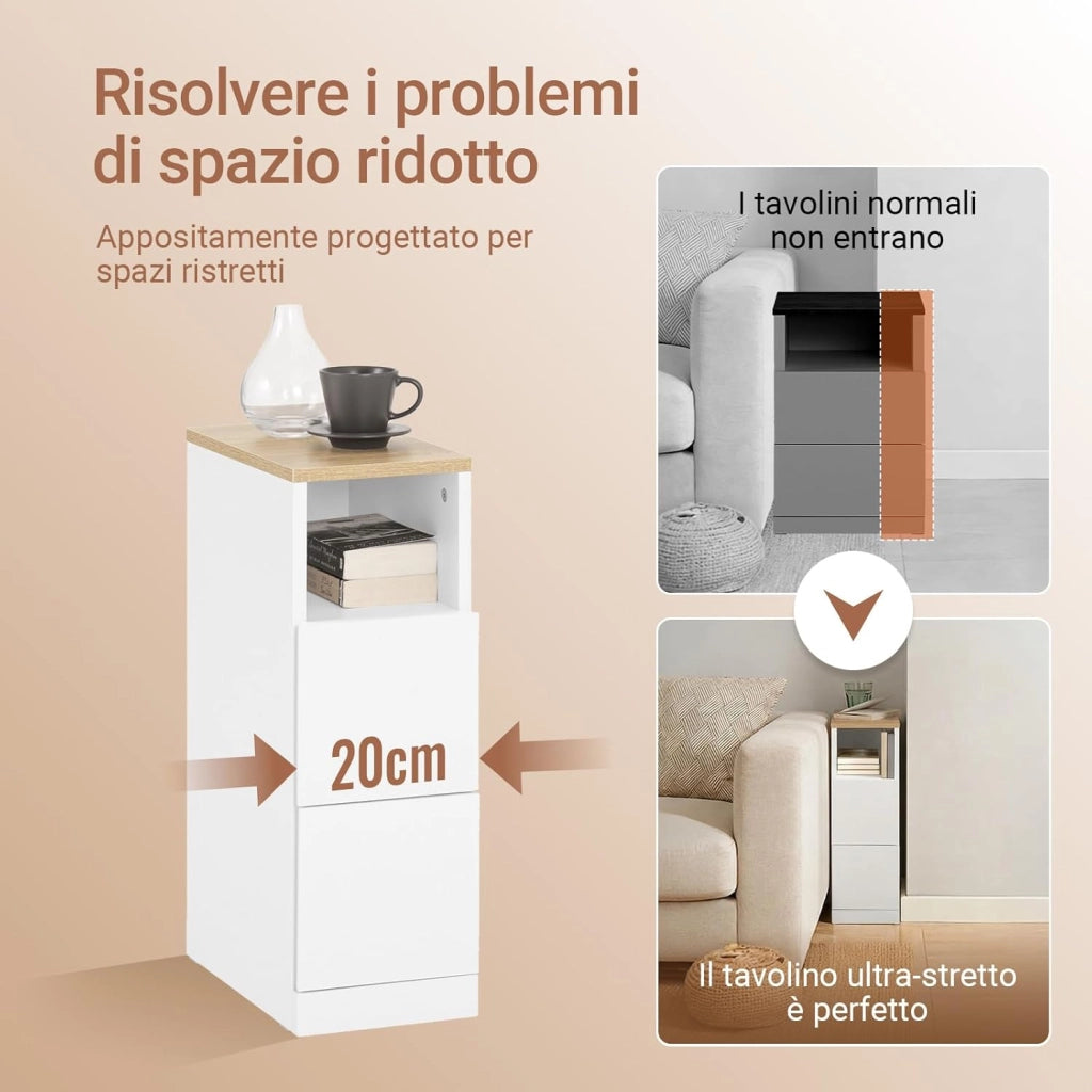 comodino camera da letto stretto 20 cm, tavolino da letto & tavolino salotto con 2 cassetti, mobile salvaspazio per camera e nicchie, ideale per inquilini e letto a molle, bianco, 20x35x60 cm