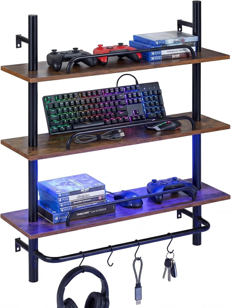 Mensola da Parete, Scaffalatura a 3 Livelli con Luce LED e 4 Ganci a S, Controllo Remoto e APP, Scaffale per Riporre e Esporre in Cucina, Camera da Letto e Soggiorno, 80,5x24x97 cm