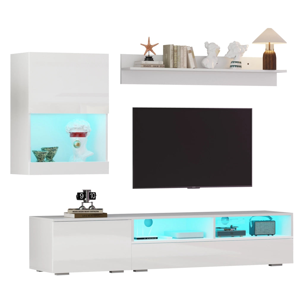 Parete attrezzata TV 3 pezzi bianca con LED e finitura lucida