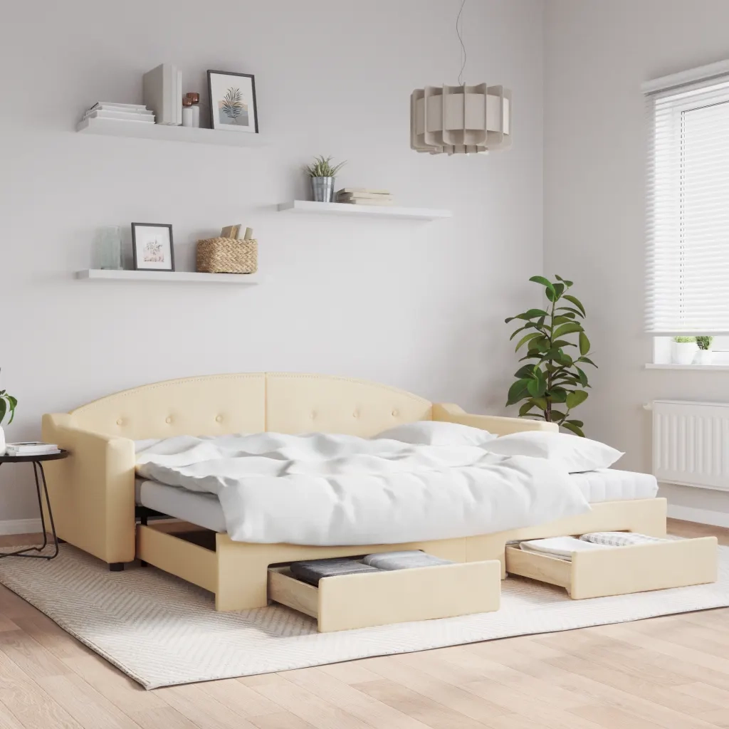 Divano Letto Estraibile con Cassetti Crema 90x200 cm in Tessuto 3197588
