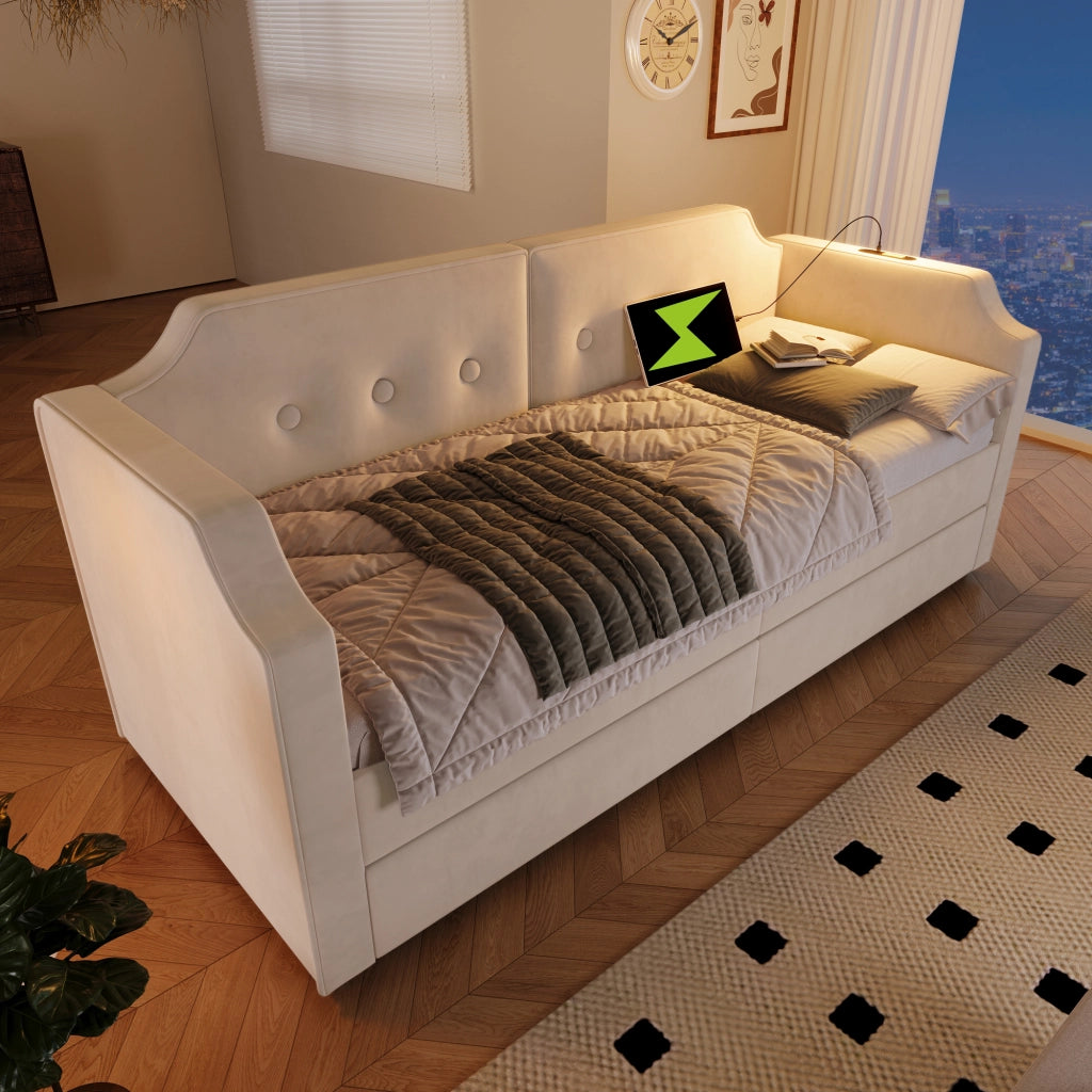 LETTO 90x200 cm in Velluto Beige con USB Type C, Lampada da Lettura e 2 Cassetti