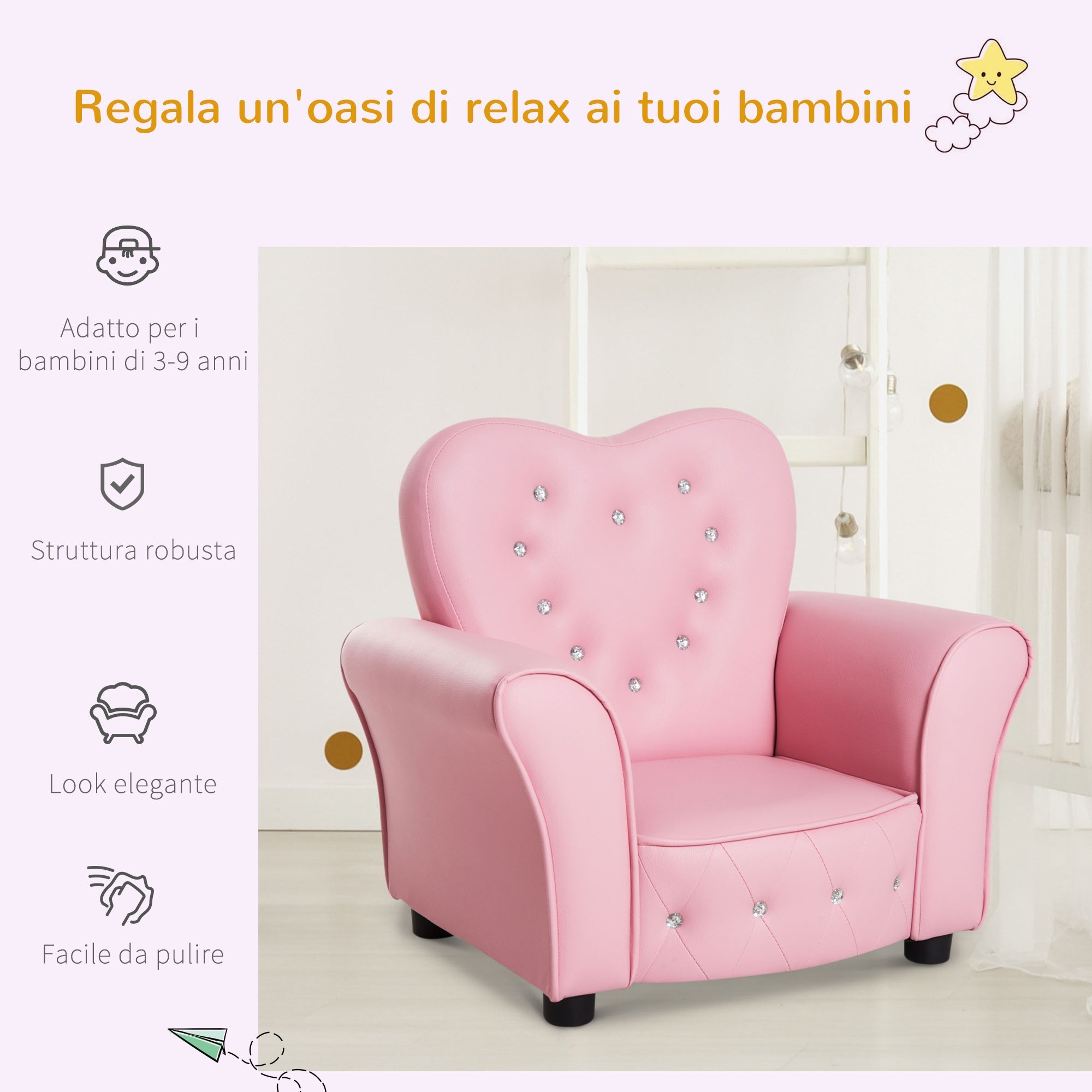 Poltroncina Mini per Bambini 59x41,5x49 cm in PVC Rosa