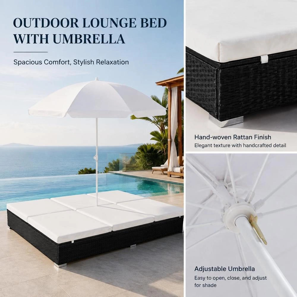 Outdoor Lounge Bed With Parasol, Poly Rattan, Black