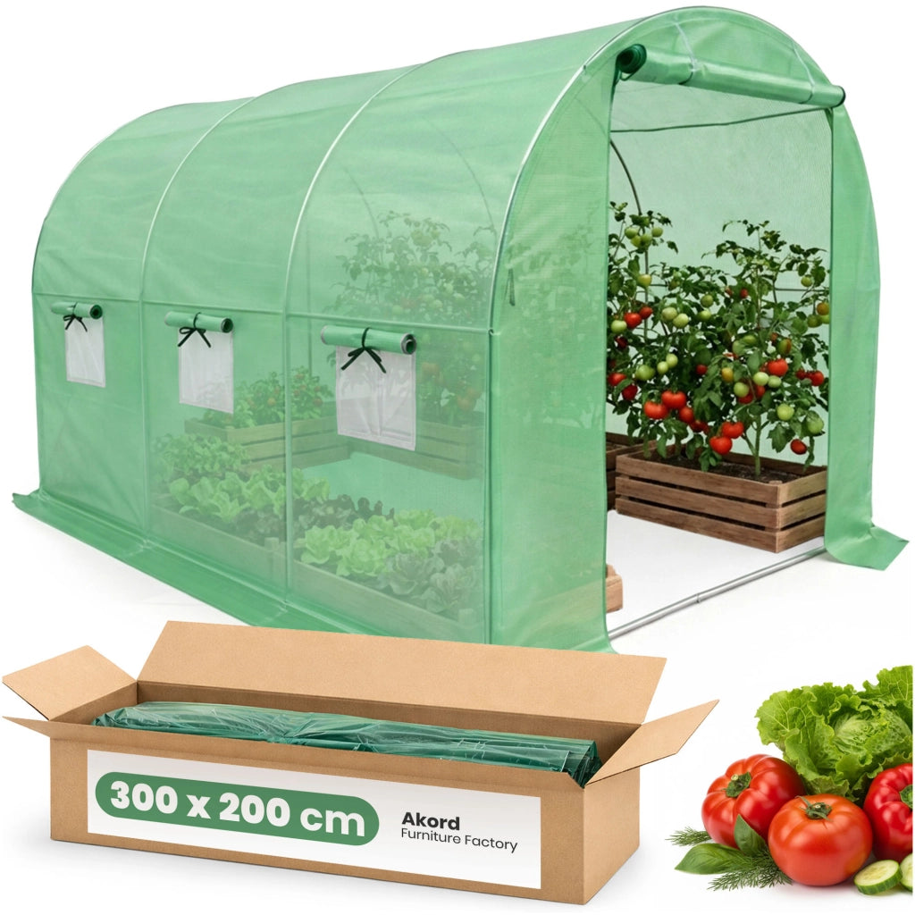 Serra da giardino a tunnel con struttura in metallo e telo in PE 1 porta 6 finestre Verde 200x300x200 cm