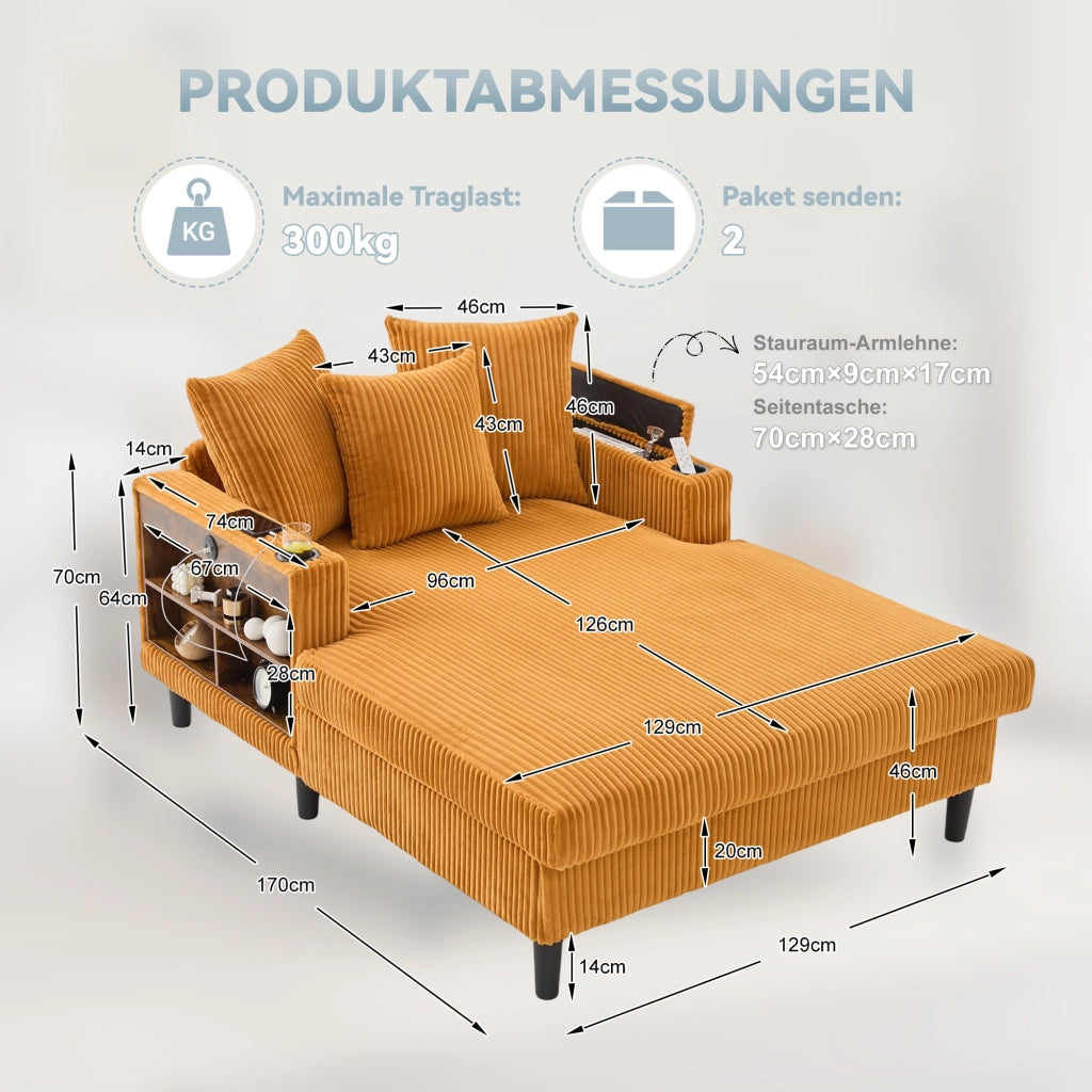 Méridienne con portabicchieri, luci LED, vano portaoggetti e porta USB in velluto a coste giallo senape 129 × 170 × 70 cm