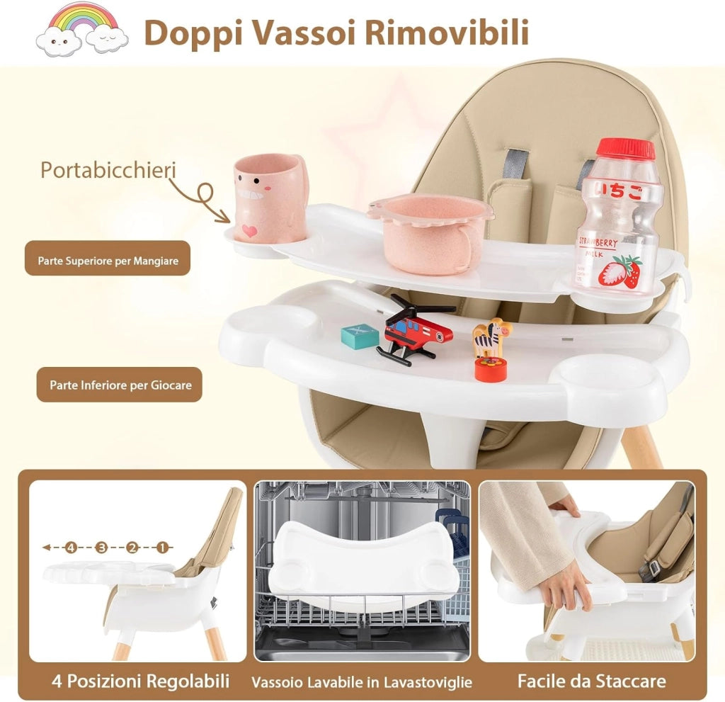 6-in-1 Seggiolone per Neonati, Seggiolone Prima Pappa, Tavolo e Sedia Convertibile per Bambini, Imbracatura di Sicurezza, Vassoio Rimovibile, per Bambini 6-36 Mesi (Beige+Bianco)